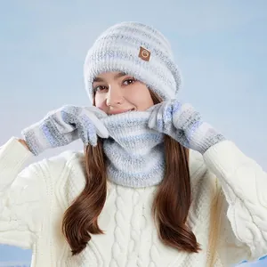 Knitted Beanie Hat Neck Warmer And Touchscreen Gloves Thermal Fleece Lined Windproof Outdoor Striped Fashion For Women