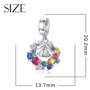 Christmas wreath bell pendant in s925 silver with colorful zircon, 20.2mm x 13.7mm size