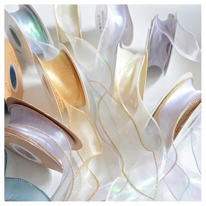 Close-up of translucent organza ribbons with gold edges in various shimmering colors