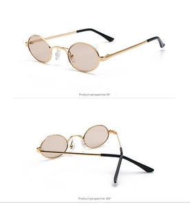 Detail view of oval retro sunglasses showing golden metal frame at 90 and 180 degrees