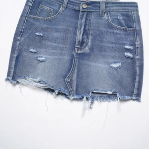 Frayed hem ripped denim shorts for women in blue with stylish distressed street style