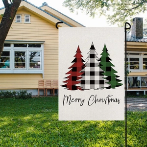 Christmas garden flag with plaid trees and Merry Christmas text on linen fabric