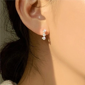Elegant 925 sterling silver triple flower drop earrings with sparkling zircon stones