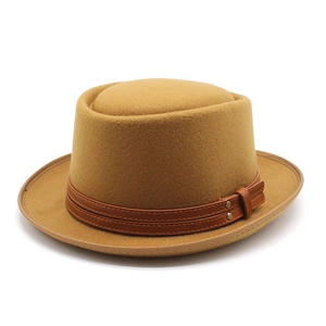 Vintage Woolen Felt Pork Pie Hat Retro British Style Boater Jazz Cap With Leather Band And Rivets For Women Men