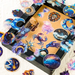 50pcs Starry Night PET Graffiti Stickers Set with Cats Moons and Galaxy Elements