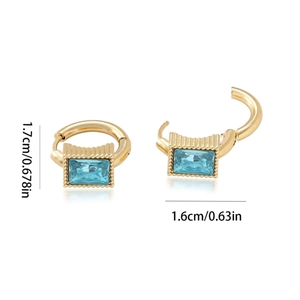 Detailed view of rectangle light blue gemstone earrings in gold plating with dimensions