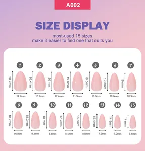 Size chart showing 15 different dimensions for solid color almond fake nail tips