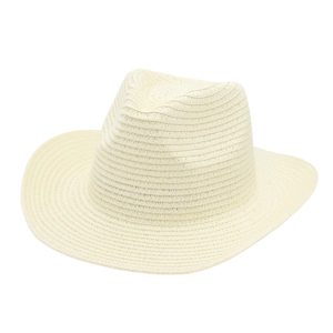 Close-up detail of the woven texture on a cream-colored straw western cowboy hat