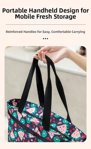 Detail of the reinforced handle on a portable insulated lunch bag with fruit prints