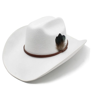 Classic white wool felt cowboy hat with embossed leather band and natural feather detail