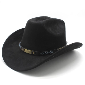 Detail of black faux suede cowboy hat featuring leather band with vintage metal studs