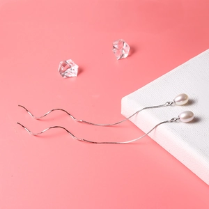 Elegant S925 silver long drop earrings with natural white pearls and wave chain design