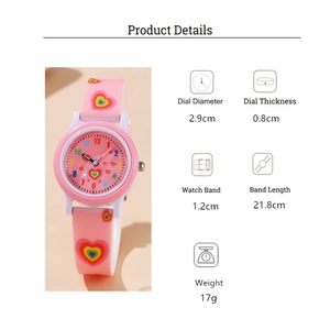 Detailed view of pink silicone watch strap with rainbow heart patterns and dimensions