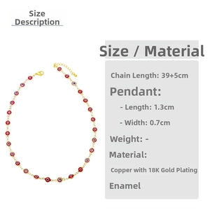 Detail view of a 18K gold-plated evil eye necklace with red enamel pendants, 39+5cm long