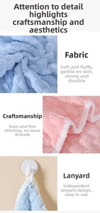 Detail of coral fleece towel showing edge stitching, soft texture and hanging loop