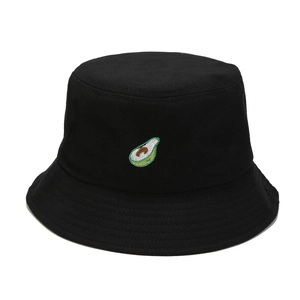 Classic black cotton bucket hat featuring a cute avocado embroidery on the front panel