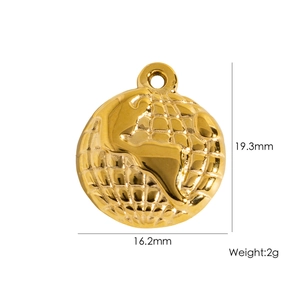 Detailed view of gold stainless steel globe pendant showing dimensions 19.3mm by 16.2mm