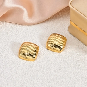 Modern 18K gold-plated square earrings with vertical stripes and metallic texture