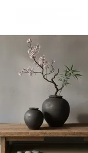 Detalle de jarrones de cerámica negra mate con textura granulada en banco madera