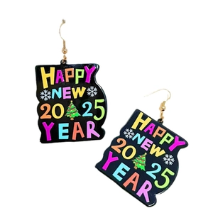 Colorful 2025 Happy New Year earrings with snowflake accents on black acrylic drop hooks