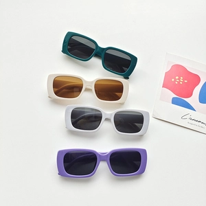 Kids vintage rectangular acrylic sunglasses in green, beige, white and purple colors