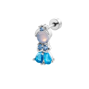 Silver mermaid tail cartilage stud earring with blue zircons and opal stones on white background