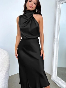 Elegant black satin sleeveless halter neck maxi dress with a glossy draped finish