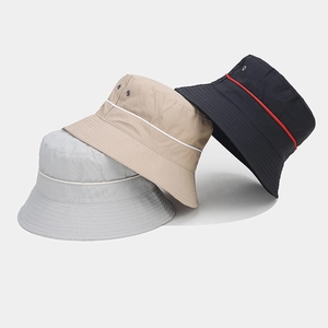 Detailed view of quick-dry bucket hats with metal eyelets and contrast trim accents