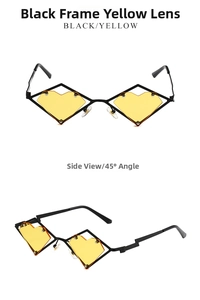 Detailed views of heart-shaped yellow lenses with black punk style frames from two angles