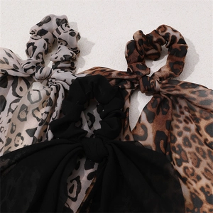 Three-piece leopard print and solid black chiffon bow scrunchies hair ties set