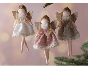 Three plush angel doll ornaments in white pink and khaki with golden wings and braided hair