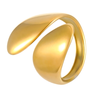 Polished golden stainless steel open ring featuring a minimalist double teardrop design