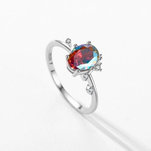 Elegant S925 sterling silver ring with colorful oval zircon and side accent diamonds