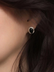 Vintage 925 Sterling Silver Stud Earrings For Women Minimalist Black Oval Stone Inlaid Rhinestone Korean Fashion Jewelry