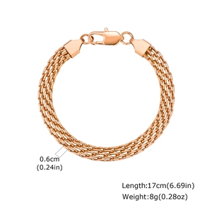 Rose gold mesh bracelet detail showing 0.6cm width and 17cm length measurements