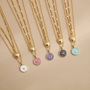 Elegant Double Layer 18K Gold Plated Copper Heart Necklace For Women Drip Oil Round Star Moon Pendant Clavicle Chain