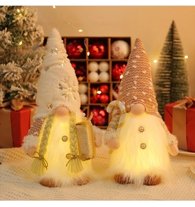 Macro detail of glowing Christmas gnome dolls with plush fabric and sequins decoration