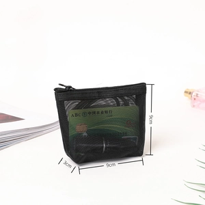 Detailed view of black mesh cosmetic pouch with size dimensions and interior card storage