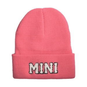 Pink rib-knit mini beanie for kids featuring white chenille letter embroidery