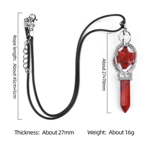 Red quartz Merkaba hexagonal prism necklace with dimensions and black leather cord