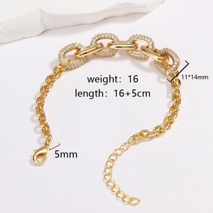 Close-up of gold hip hop bracelet with sparkling zircon ovals and 16+5cm length