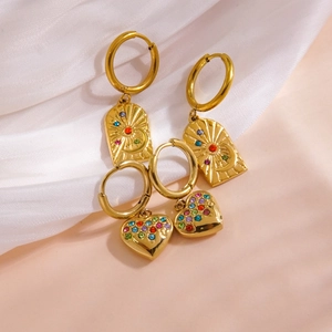 14K gold plated stainless steel hoop earrings with heart and moon pendants with colored stones