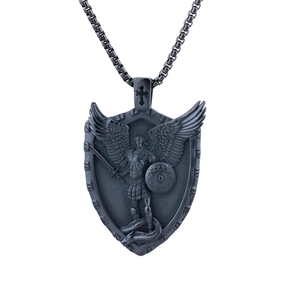 Detailed relief of Saint Michael Archangel pendant on a gray metallic shield necklace