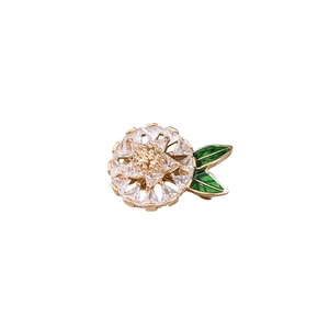 Exquisite 14K gold plated flower brooch with sparkling crystals and green enamel leaves