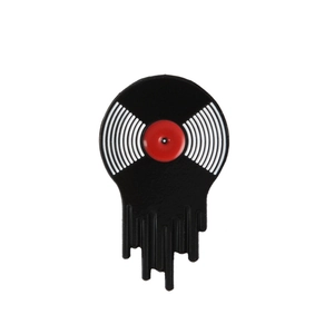 Melting vinyl record enamel pin in black and red, unique skull finger music lapel badge