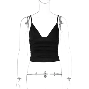 Detailed front view of black ribbed V-neck crop top camisole on invisible mannequin