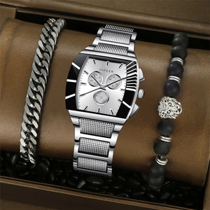 Men's silver square watch set with Cuban link chain and lion bead bracelet