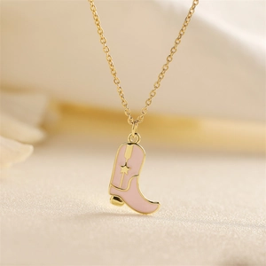 Minimalist pink cowboy boot pendant necklace in gold-plated copper for women