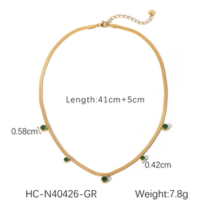 Detail of 18K gold plated snake chain with five green zircon pendants and size specs