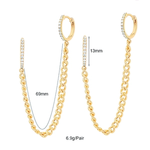 Detailed view of gold chain tassel earrings with measurements of 69mm and 6.9g weight